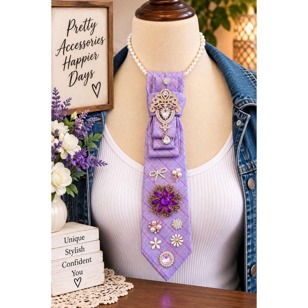 Calvin Klein Silk Lavender Brooch Embellished Tie Necklace Faux Pearl Statement